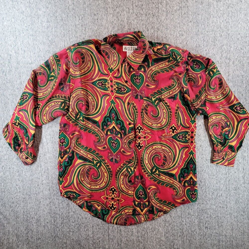 Vintage Whistles Womens M Medium Silk Blouse Long Sleeve Jewel Tone Paisley